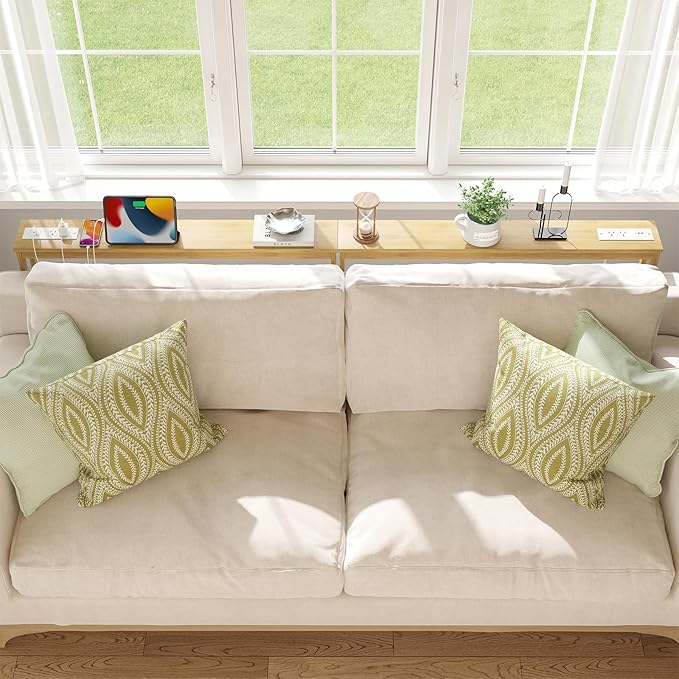 ELYKEN 2 Pack 5.9" Narrow Console Sofa Table with Power Outlets, 5.9" Dx39.4 Wx31.1 H Bamboo Behind Couch Table with Charge Station, Natrual