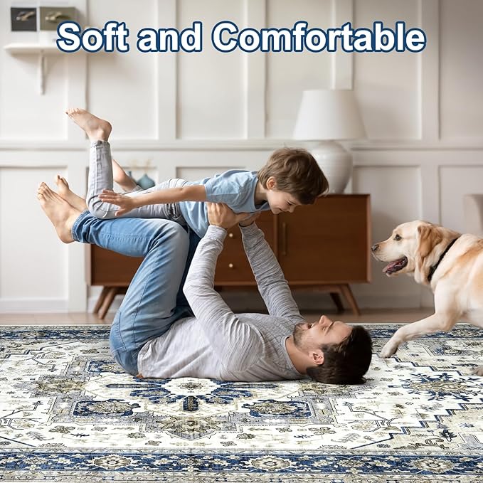 Machine Washable Area Rug 8x10 - Large for Living Room Vintage Oriental Soft Rugs, Low Pile Thin Floor Carpet with Non Slip Backing for Bedroom, Dorm, Under Dining Room Table, Indoor House, Office