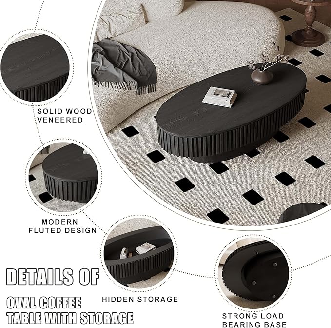 47.2" Oval Coffee Table with Storage, Fluted Coffee Table with Solid Wood Veneered, Mid Century Modern Wooden Center Table, Accent Tea Table for Living Room Apartment, Black