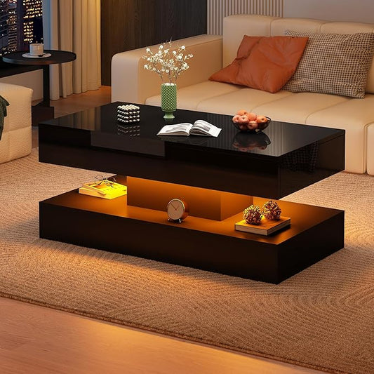 Uspeedy 39.37in Large High Glossy LED Coffee Table with 2 Storage Drawers,Black/White Modern Coffee Tables for Living Room,Living Room Tables,APP LED Lights (Black)