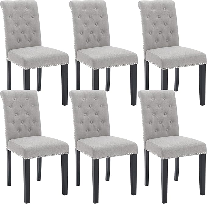 Westice Dining Room Chairs Set of 6 Upholstered Fabric Kitchen Chairs Dining Room Side Chair with Nailhead Trim and Rubber Wood Legs for Small Space Apartment, Light Gray
