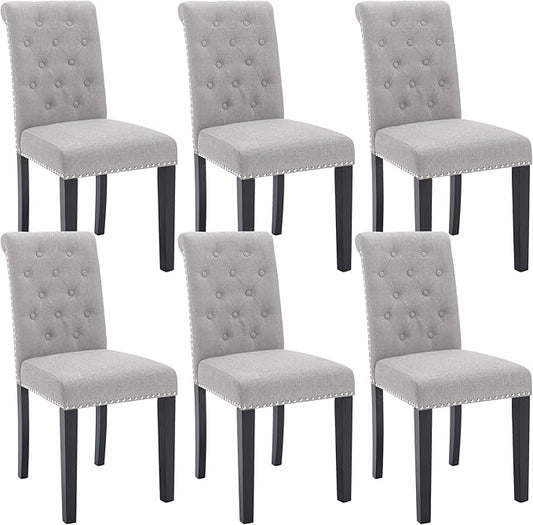 Westice Dining Room Chairs Set of 6 Upholstered Fabric Kitchen Chairs Dining Room Side Chair with Nailhead Trim and Rubber Wood Legs for Small Space Apartment, Light Gray