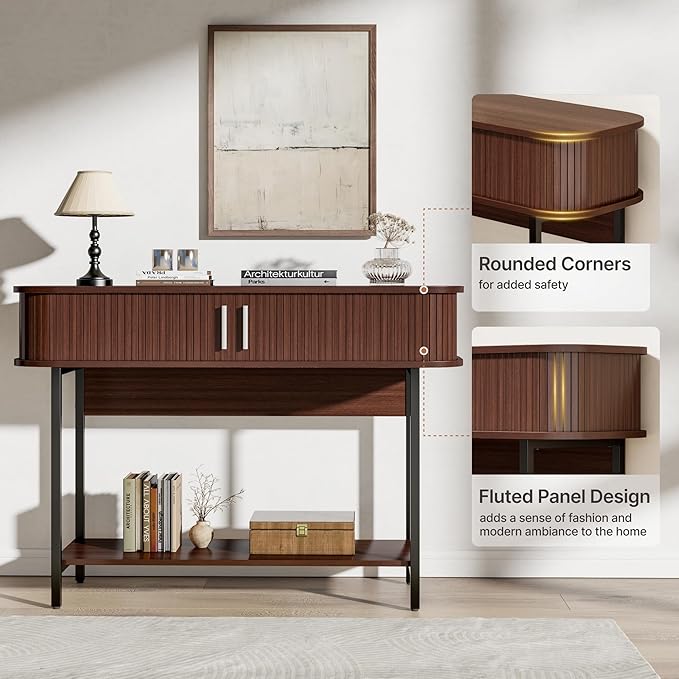 40" Mid Century Modern Entryway Table, Ultra Slim Fluted Console Table with Storage & Sliding Doors, Modern Round Corner Sofa Table, Wooden Entry Table for Living Room, Hallway, Walnut