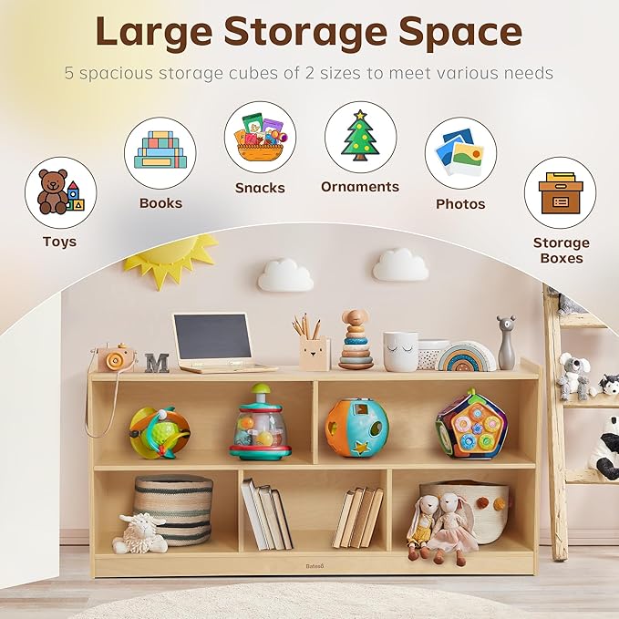 Toy Storage Organizer for Kids Room, Wooden Kids Bookshelf for Classroom, Cube Storage Organizer for Playroom, 5-Section Montessori Bookshelf & Toy Shelf for Nursery