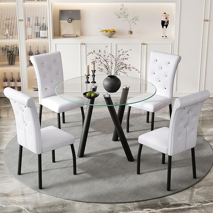 35" Round Dining Table for 4, Modern Round Glass Dining Table with Metal Legs, Round Kitchen Table for Dining Room Home Office Small Spaces