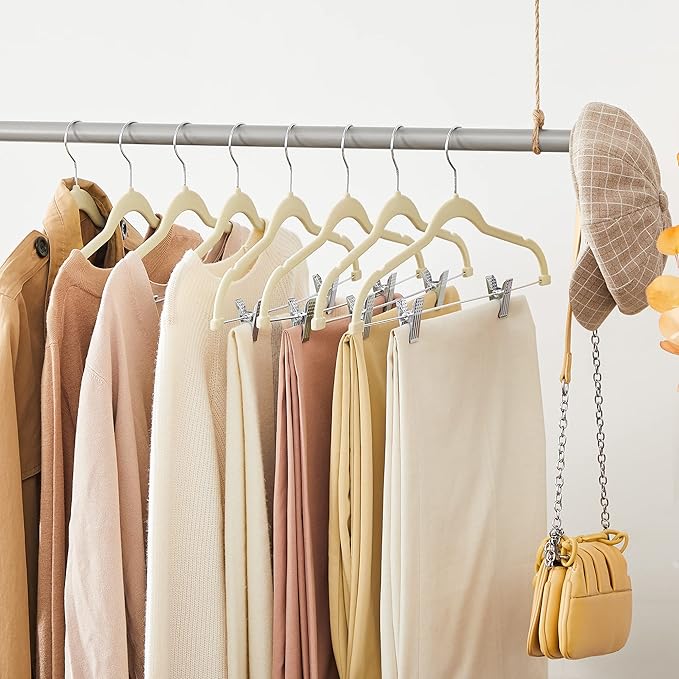 SONGMICS 20-Pack Pants Hangers, 16.7-Inch Long Velvet Hangers with Adjustable Clips, Heavy-Duty, Non-Slip Skirt Hangers, Space-Saving for Pants, Skirts, Coats, Dresses, Sandy Beige UCRF012K20