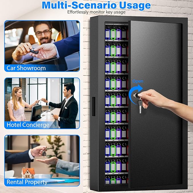 250 Keys Key Lock Box Wall Mount with Additional 24 Side Hooks and Key Tags, Anti-Theft Key Box Key Cabinet with Side Drop Slot, Key Organizer Key Safe for Home Office Garage Rental Business