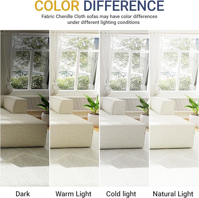 106" Sectional Compressed Sofa Modular Couches,High-Density Foam No Assembly Required,3-Piece(1xCorner 1xArmless 1xOttoman) for Living Room, Chenille Beige White