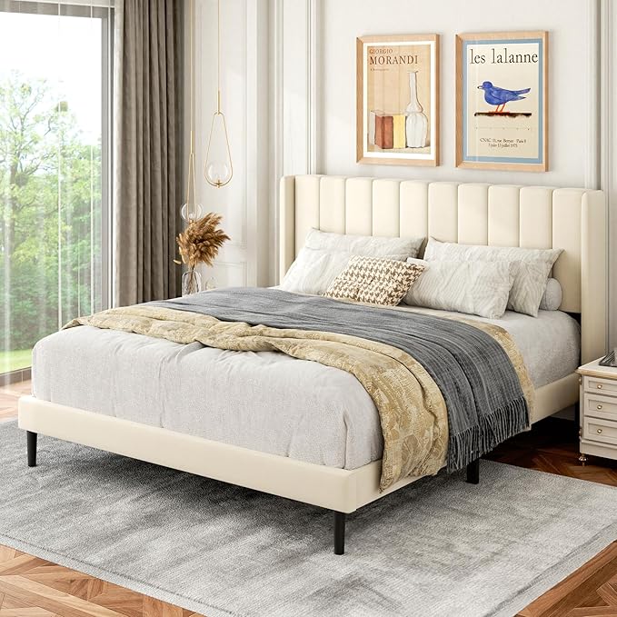 Queen Size Bed Frame with Upholstered Wingback Headboard, Easy Assemnly Platform Bed, Wooden Slat Support No Box Spring Needed, Cream