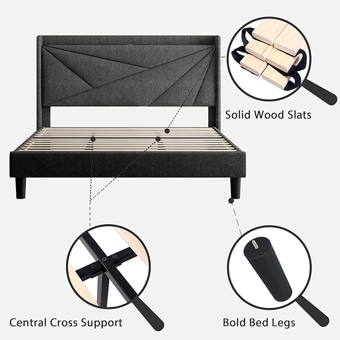 Feonase Full Bed Frame with Charging Station, Linen Upholstered Platform Bedframe with Wingback Headboard, Solid Wood Slats Support, No Box Spring Needed, Noise Free, Dark Grey