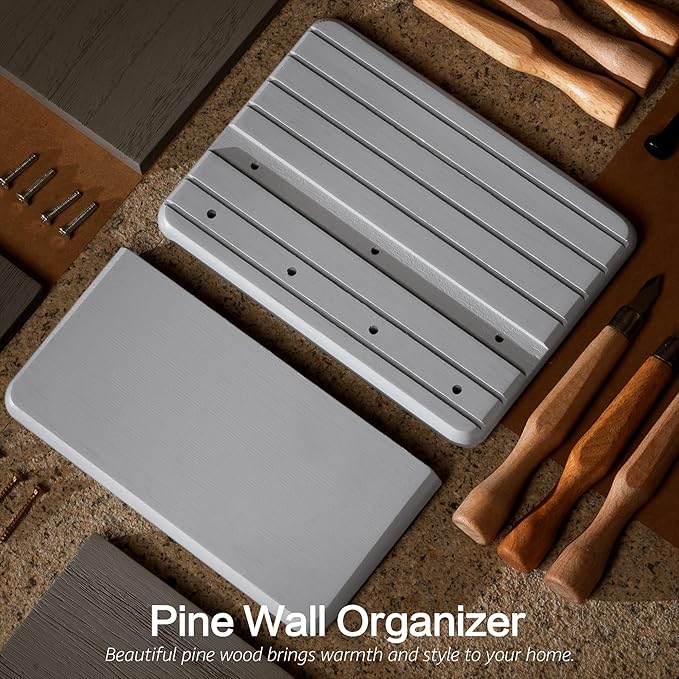 Rebee Vision Small Key Holder Wall Mount – Decorative 7-inch Pine Wooden Key Holder for Wall with 4 Hooks & Floating Shelf - Apartment Essentials for Neat and Chic Home Organization (Gray)