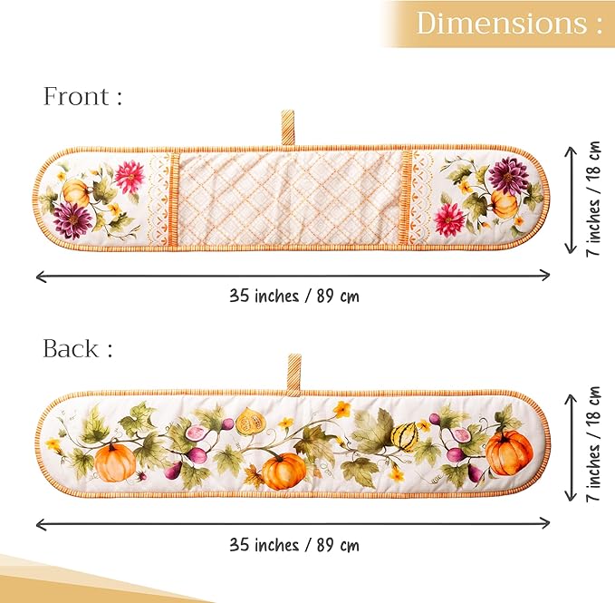 Maison d' Hermine Double Oven Mitt (7" x 35") 100% Cotton Heat Resistant BBQ Cooking Gloves with Loop for Thanksgiving Christmas Decorations Cooking Handling Hot Pan (Pumpkin Garden - Cloudy Cream)