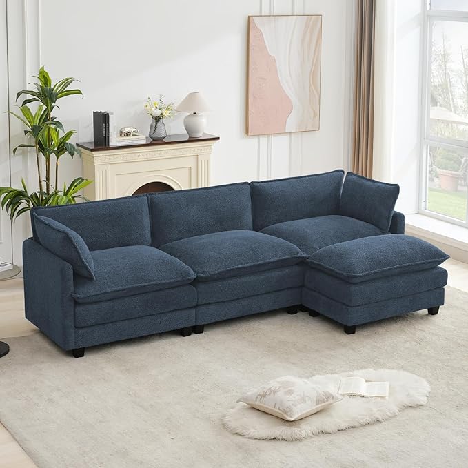 ROWHY Oversized Modular Sectional Couch with Movable Ottoman, 112" Modern Convertible L Shaped Sofa Set, 4 Seat Comfy Cloud Couch with 2 Throw Pillows, for Living Room, Chenille, Royal Blue