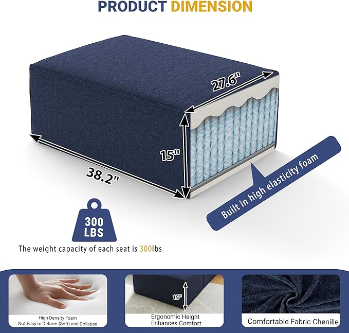 38“ Modular Sectional Sofa Convertible Cube Compressed Couch Seat Set, Combine L-Shaped U-Shaped, Free Assembly, Space-Saving for Living Room, Thick Foam Fabric Chenille Blue (Only Ottoman)