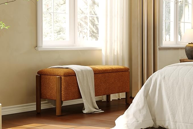 Modern Storage Benches with Walnut Wood Legs, 47'' Ottoman Bench with 20 Gallons Storage Space for Bedroom End of Bed, Fabric Upholstered Entryway Bench with Seating for Livingroom, Orange