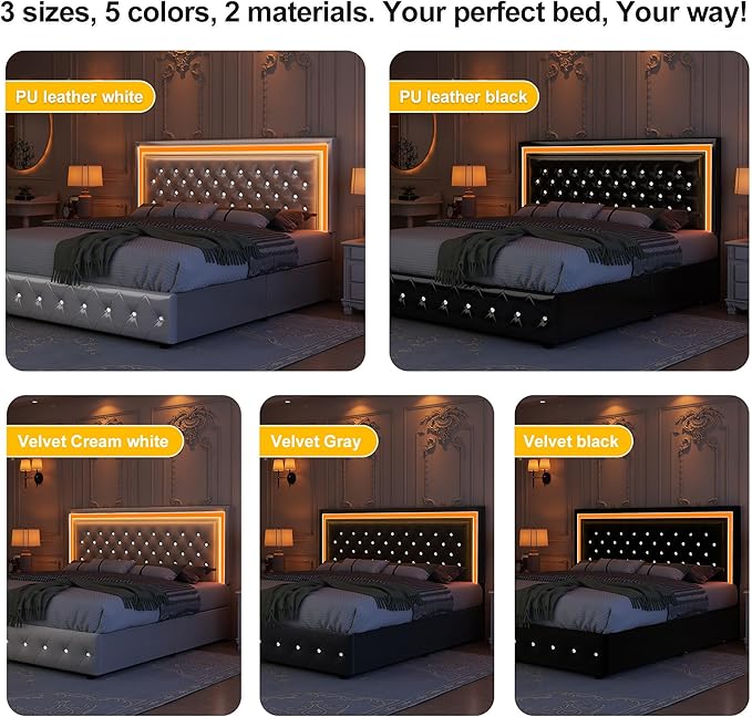 King Led Bed Frame with 4 Storage Drawers, Bed Frame with Led Lights, No Box Spring Needed, 900 lbs Capacity, Easy Assembly, PU White