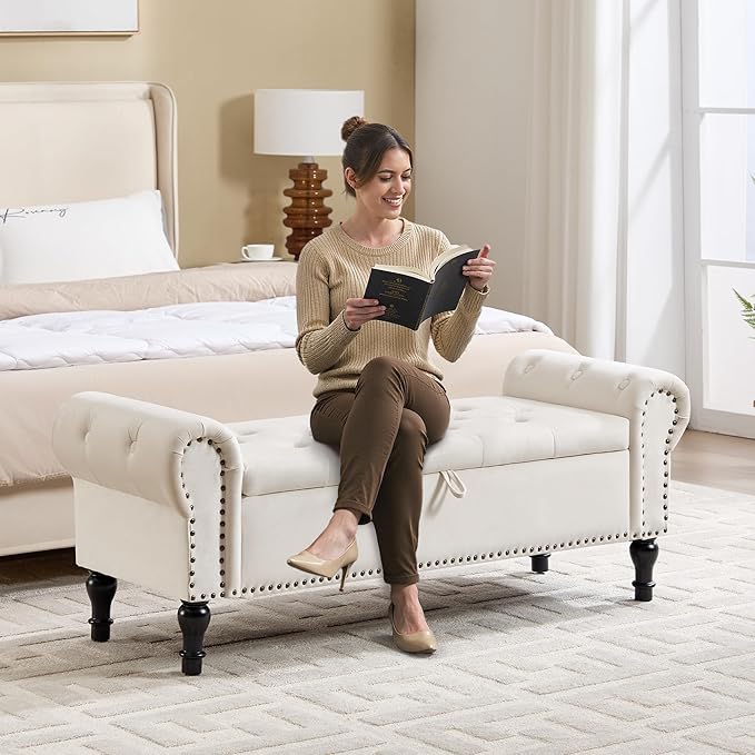 Storage Bench for Bedroom, 51" Upholstered End of Bed Bench, Velvet Queen Size Benches with Rolled Arms, Tufted Button Storage Long Ottoman, Living Room, Entryway, Beige