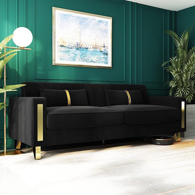 Couch 85.62" 3 Seats Sectional Velvet Fabric Sofa Easy Assemble Sofa Bed with 2 Couch Pillows,Gold Metal Legs for Living Room (P17, Black)