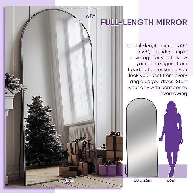 Full Length Mirror, 68"x26" Arched Floor Mirror Freestanding, Floor Standing Full Body Mirror with Stand for Bedroom, Hanging Mounted for Living Room Cloakroom, Black