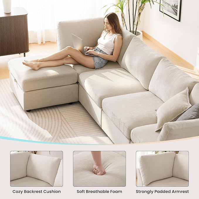 TEKAMON 123" Modular Sectional Sofa,Extra Large Comfy Cloud 4-Seat Deep Seat, Reversible Chaise Modular Sectional Couches for Living Room and Apartmenr,Beige