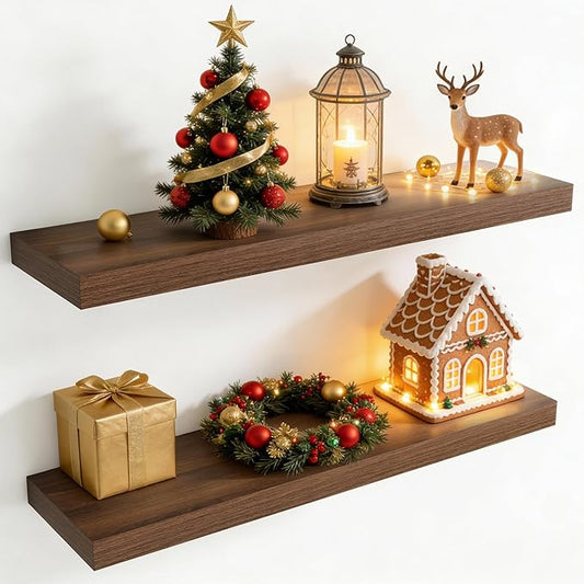 36 Inch Floating Shelves for Wall, 8 Inch Deep Floating Shelf for Storage & Display, Rustic Wall Mounted Shelf with Invisible Brackets for Living Room, Kitchen, Bathroom, Home Decor, Set of 2, Walnut