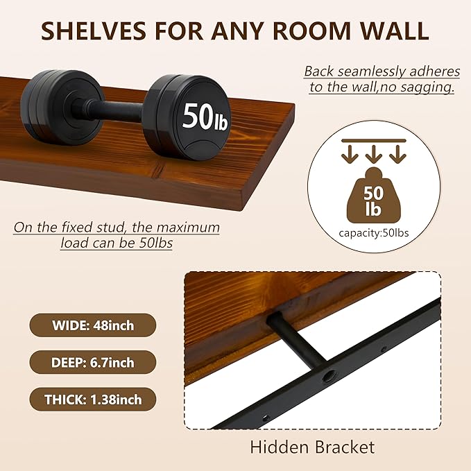 foxsky 48 Inch Solid Pine Wood Floating Shelves for Wall with Hidden Brackets, Rustic Farmhouse Wall Mounted Shelf for Bathroom, Living Room, Bedroom, Kitchen, Office Decor (Honey Oak)
