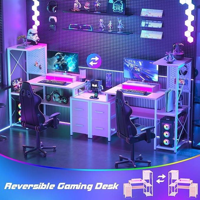 Small Gaming Desk with 2 Fabric Drawers - Reversible Computer Desk with Power Outlet & LED Lights, 49" Office Desk with Monitor Stand & Storage Shelves, Writing Study Table with Pegboard, Pink