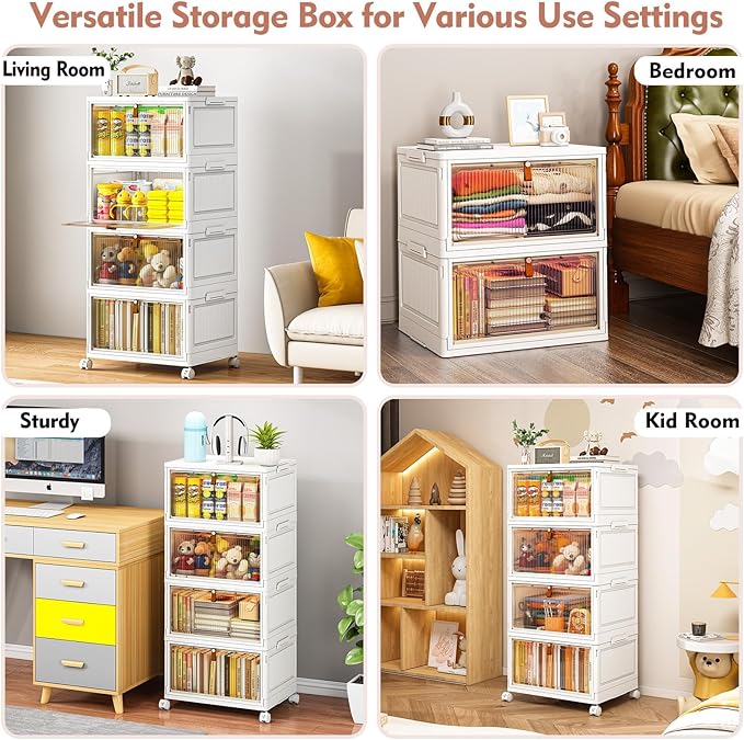 CTSNSLH 4 Tier Plastic Storage Bins and Boxes Organizer - 27Qt Stackable with Lids for Bedroom, Living Room, Office - Foldable Containers