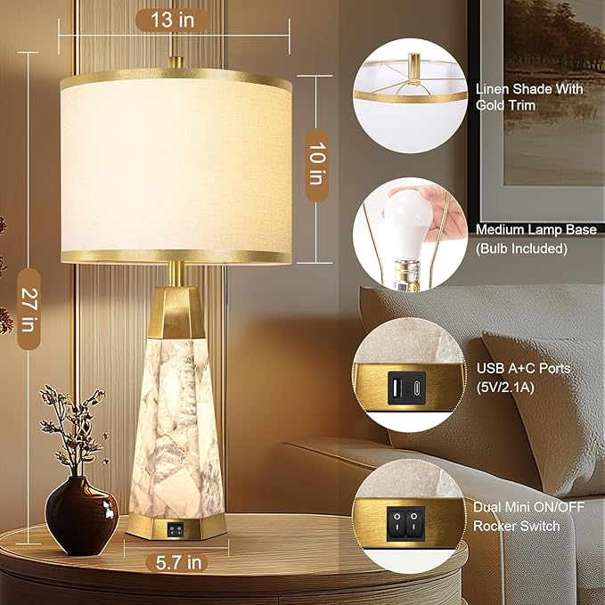 27" Natural Alabaster Table Lamps Set of 2 - Lamps for Living Room with Night Light, Bedside lamps with White Linen Shade, Nightstand Table Lamp with USB A+C Port for Bedroom Office (bulb included)