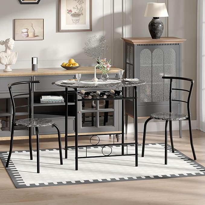 VECELO 3-Piece Dining Table Set for Kitchen Breakfast Nook, Wood Grain Oval Tabletop and Metal Frame with Built-in Wine Rack, for Small Spaces, Faux Marble & Black