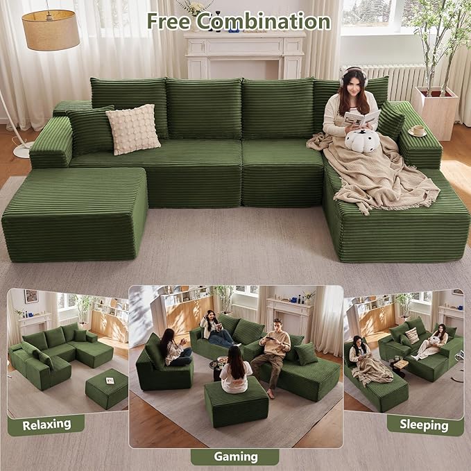 135" U-Shape Cloud Couch, Modern Modular Sectional Comfy L-Shape Sofa with Ottoman, Deep Seat, Upholstered Corduroy Sleeper Chaise Longue for Living Room Bedroom, No Assembly Required, Green