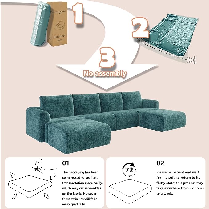 EASE MOOSE Boneless Modular Cloud Couch, Oversized U-Shaped Sectional Sofa for Living Room with Ottoman, Extra Large Movable Couches, 6-Deep-Seat Sofas for Bedroom, Apartment, Chenille (Blue)