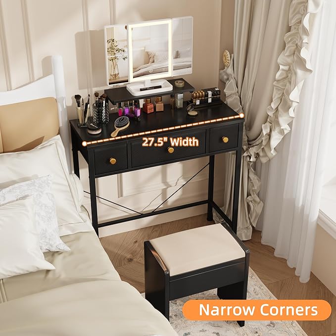 Small Makeup Vanity Desk 27.5''W with Mirror and Lights, Vanity Desk with 3 Fabric Drawers and Height-Adjustable Stand, Vanity Table for Girls Gifts, Bedroom and Small Spaces, Black