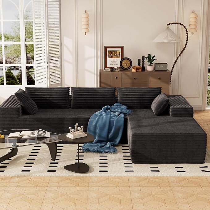 105.5" Modular Sectional Sofa L-Shape, Modular Cloud Sofa with Deep Seat for Living Room Bedroom, Upholstered Couches No Assembly Required (Black Right Facing Chaise)