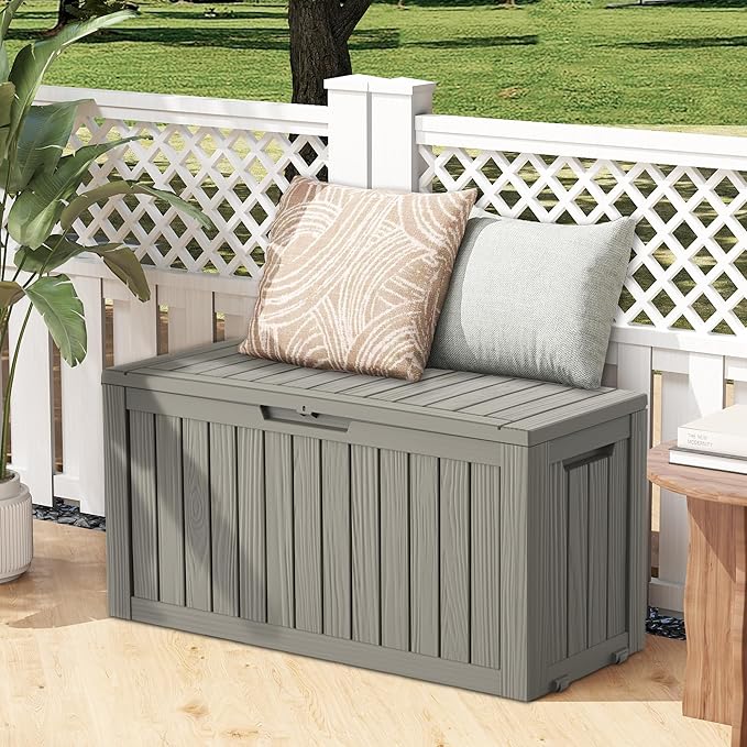 72 Gallon Outdoor Storage Box, Waterproof Deck Box with Handles and Lockable Lid, Resin Patio Storage Box with Hydraulic Rods for Garden Tools, Cushions, Grey