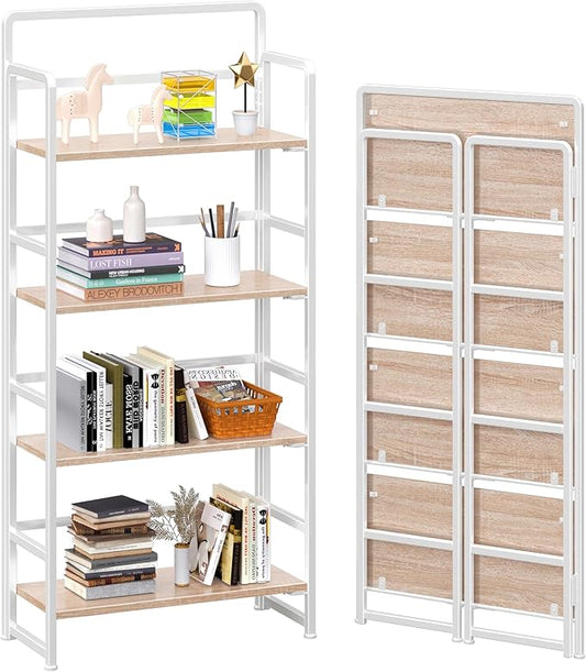 4NM No Assembly Folding Bookshelf, 4-Shelf 54" H Collapsible Foldable Bookcase Storage for Small Spaces, Natural White