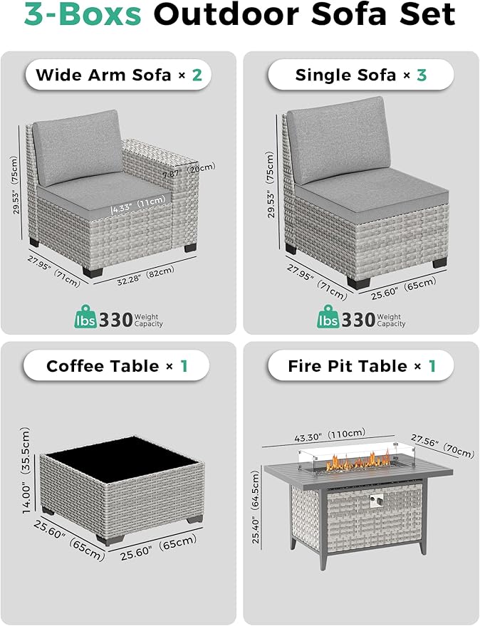 7 Piece Outdoor Wicker Rattan Sectional Sofa Set with Fire Pit Table, 5-Seats Conversation Set with 4" Thickened Cushions & Coffee Table, All-Weather PE Rattan for Garden, Backyard, Porch, Grey