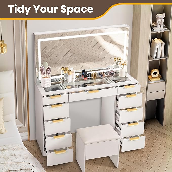 Pamapic 11 Drawers Makeup Vanity with Mirror and Chair, Glass Top Vanity Desk with Power Outlet, 3 Lighting Modes Dressing Table with Golden Handles, Silent Slides and Portable Mirror, White