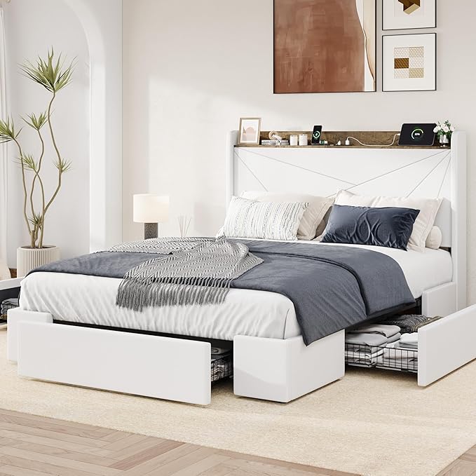Allewie Queen Size Velvet Bed Frame with 3 Storage Drawers, Upholstered Platform Bed with Wingback Storage Headboard and USB Ports, No Box Spring Needed, Easy Assembly, White