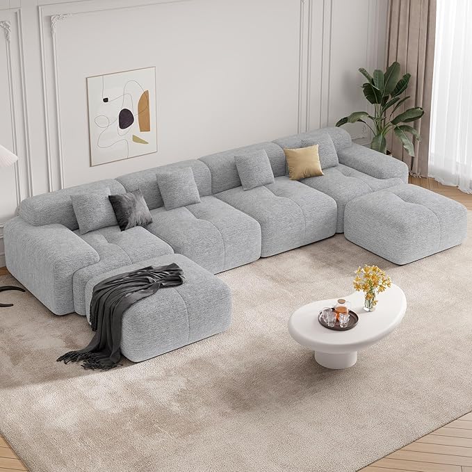 158" Modern U Shaped Modular Sectional Sofa, Boneless Couches for Living Room,6 Seater Convertible Chenille Cloud Couch Sofa Set, No Assembly Required, Light Grey 1 PCS