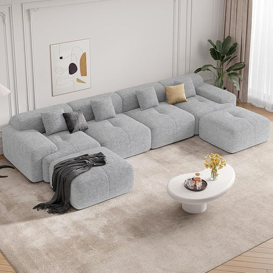 158" Modern U Shaped Modular Sectional Sofa, Boneless Couches for Living Room,6 Seater Convertible Chenille Cloud Couch Sofa Set, No Assembly Required, Light Grey 1 PCS