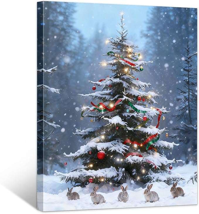 Framed Christmas Pictures Wall Decor,Vintage Pine Tree Prints,Winter Christmas Canvas Wall Art Decoration for Bedroom Bathroom Living Room Rustic Xmas Holiday Gifts (Christmas Tree 17, 16'' X 24'')