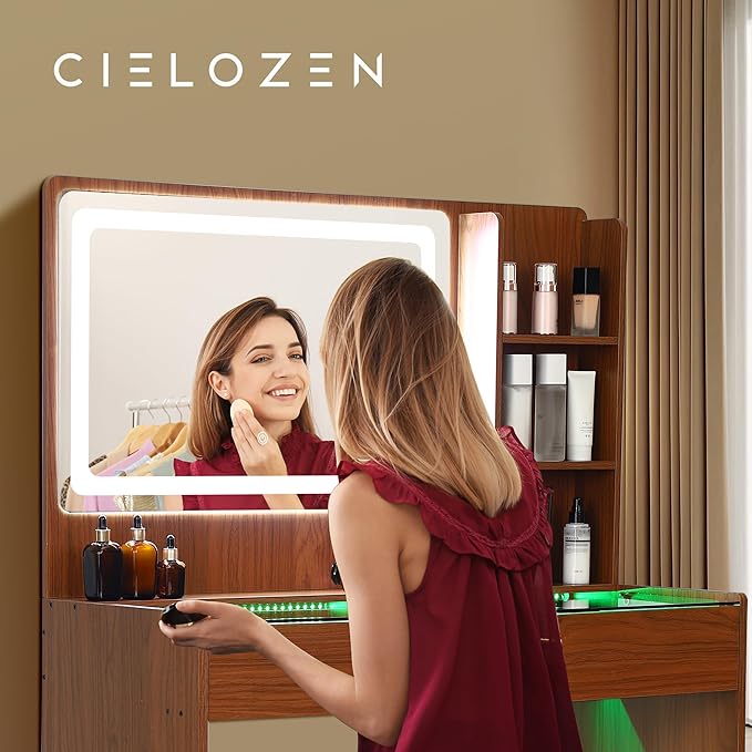 Vanity Desk,Transparent Desktop,Multiple Color Ambient Lights,with Mirror and Tri Color Light Strip,Dressing Table with Charging Station,Equipped with 2 Drawers,Peach Colored