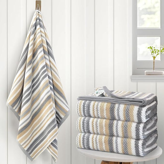 VOOVA & MOVAS Beige Striped Bath Towels, Bathroom Towels Set of 4, 28"x52" - 100% Cotton | Quick Dry | Absorbent | Light Weight, Tan Body Towel with Hanging Loop, Tan and Gray Stripe