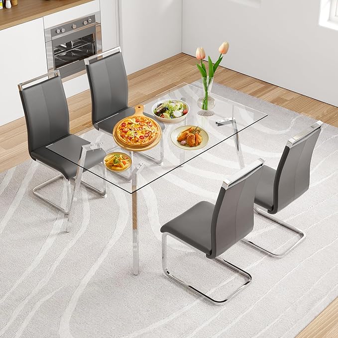 Glass Dining Table Set for 4,Rectangle Dinner Table with 4 Black Leather Kitchen Chairs,51 in Kitchen Room Dining Set,0.31” Tempered Glass Tabletop with Silver Metal Legs,4 Dining Chairs