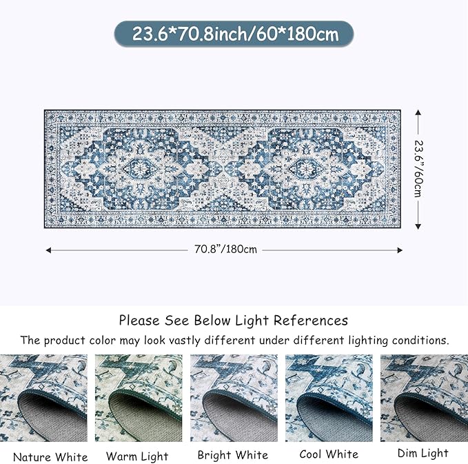 Moynesa Ultra-Thin Washable Runner Rug - 2x6 Blue Laundry Room Rug Washable Kitchen Runners Bathroom Carpet Runner, Oriental Printed Pet Friendly Hallway Runners for Bedroom Entrance Entryway RV
