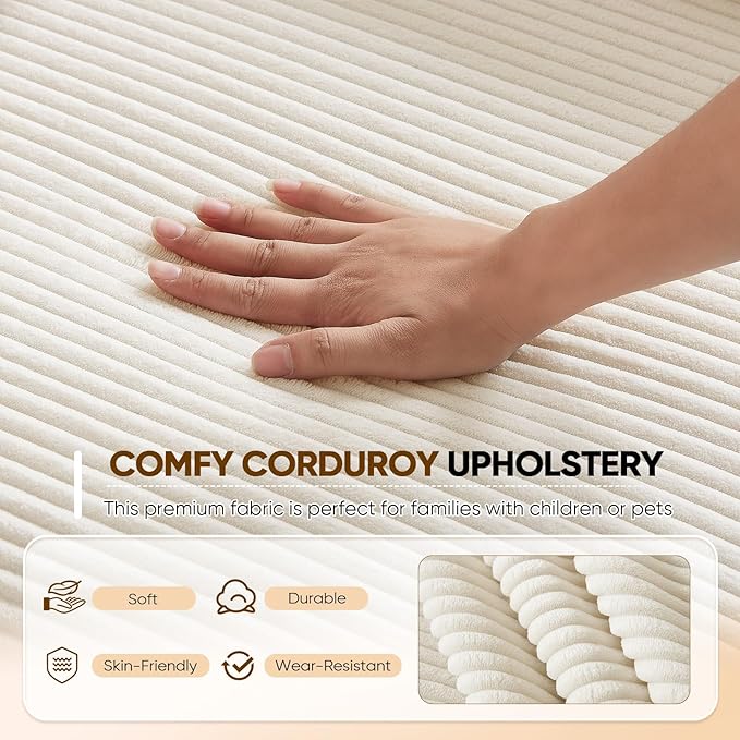 Antetek Convertible Sofa Bed, Comfy Corduroy Fluffy Love seat Sleeper Sofa, 5 in 1 Folding Couch Bed, Fold Out Floor Couch with Pillows for Bedroom, Living Room, Office, Pinstripe, Beige