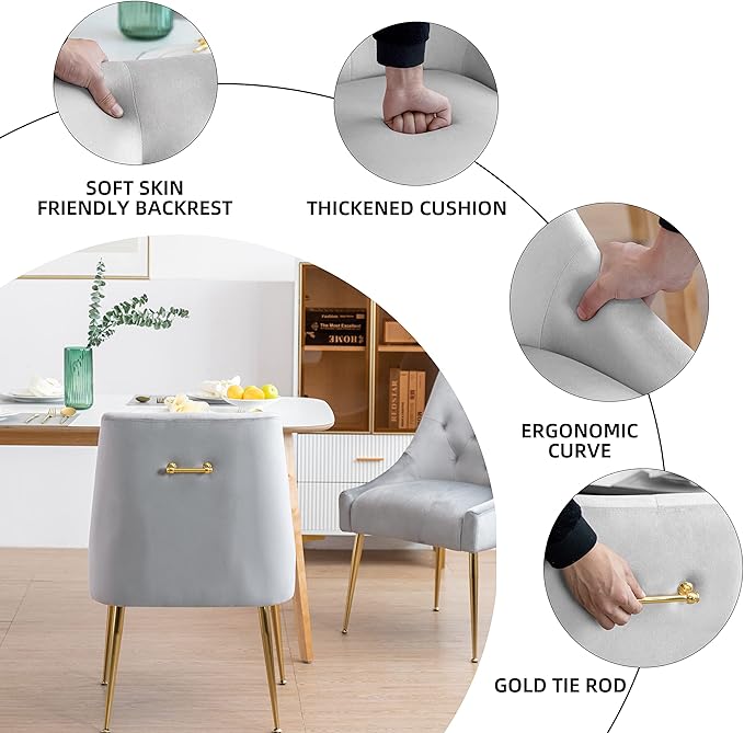 Modern Dining Chairs Set of 2, Mid Century Dining Chairs with 5.12” Cushions and Golden Legs, Velvet Upholstered Dining with Back Pull Rod, for Kitchen, Living Room, Grey