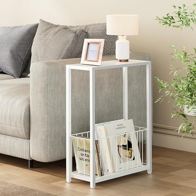 Narrow Side Tables Set of 2 with Magazine Holder, Skinny End Tables Perfect for Small Spaces, Space-Saving Design for Living Room, Bedroom, or Office, 7.1" D x 16.9" W x 23.6" H, White