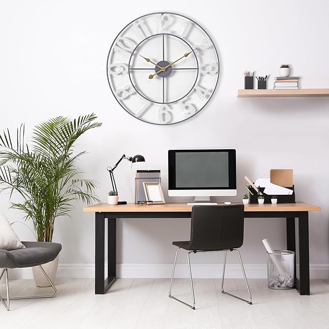 Sorbus 24-Inch Large Wall Clock – Decorative White Metal Clock with Gold Hands – Silent, Battery Operated, Modern Wall Decor for Living Room, Kitchen, or Office – Great Gift for Housewarming or Office